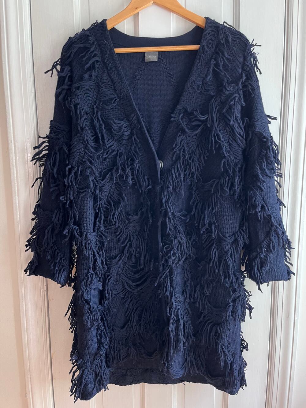 Lorena Antoniazzi Navy Fringe Knit Duster Cardigan Coat Star Italian Sz L XL OS